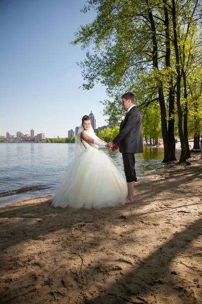 Pareja recién casada caminando en la playa cerca del río —  Fotos de Stock