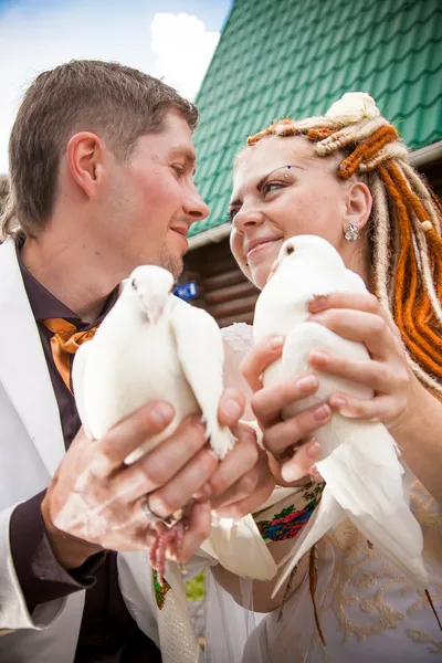 Bride and groom holding two pigeons close to each other — Stock Photo, Image