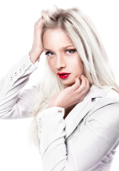 Sexy girl in white jacket and red lipstick — Stock Photo, Image