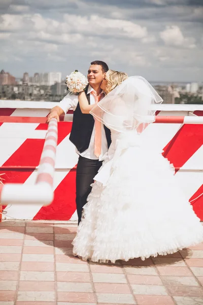 Bride kissing in cheek her groom while standing on rooftop — Stock Photo, Image