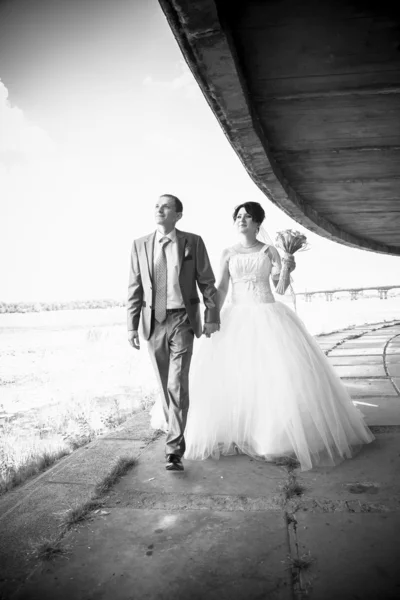 Bride and groom holding hands and walking on embankment — Stock Photo, Image