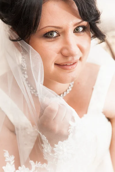 Portrait of sexy brunette bride holding veil near face — Stock Photo, Image