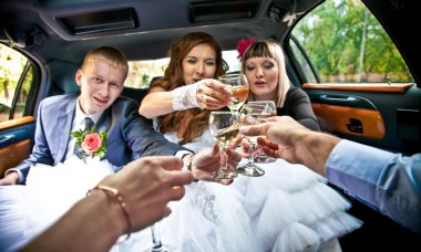married couple clinking glasses with friends in car clipart