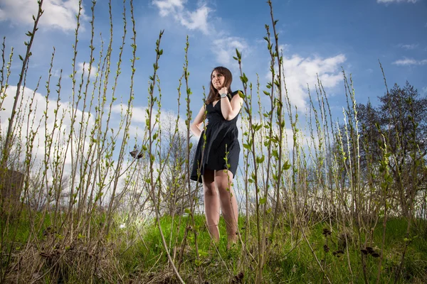 Young woman in black dress standing on glade — Stock Photo, Image