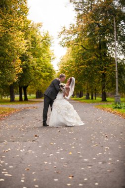 Gelin ve damat sokakta park sarılma