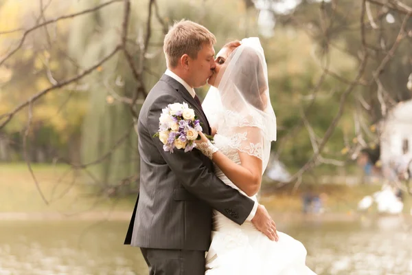Retrato de casal recém-casado abraçando no parque perto do lago — Fotografia de Stock