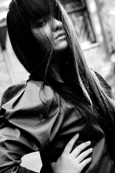 Portrait of sexy brunette girl with strands on face — Stock Photo, Image