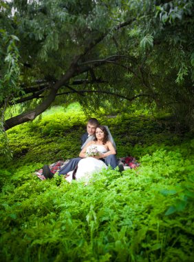 Yeni evli çift yeşil çim büyük ağacın altında oturup...