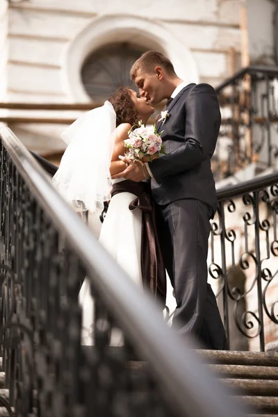 Married bride and groom hugging on stairway with railings — Stock Photo, Image