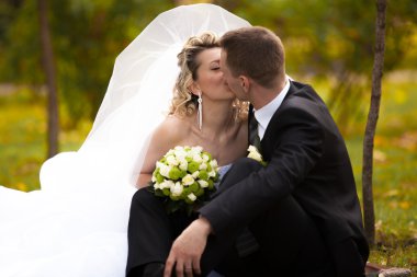 Yeni evli çift öpüşme sonbahar Parkı'nda baş shot