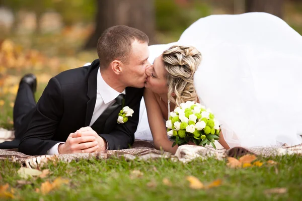 Casamento recém-casado casal deitado na grama no parque e beijando — Fotografia de Stock