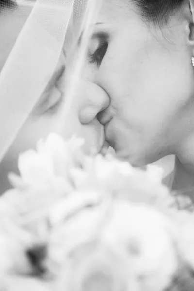 Porträt von Braut und Bräutigam, die sich leidenschaftlich unter Schleier küssen — Stockfoto