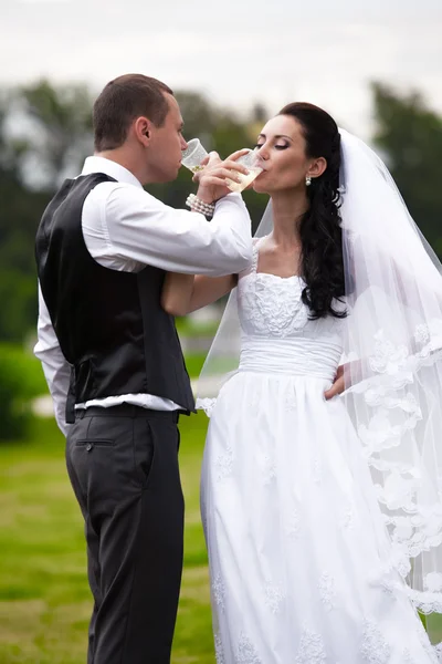 Casal casal bebendo champanhe em brudershaft no parque — Fotografia de Stock