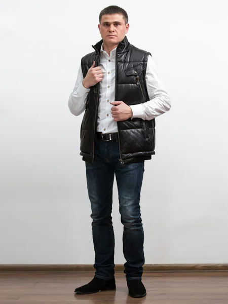 Elegant man wearing vest from natural leather — Stock Photo, Image