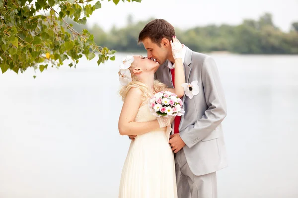 Just married couple kissing passionately on riverbank — Stock Photo, Image