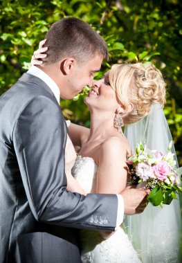 portre sarışın gelin damat Park burun içinde öpüşme