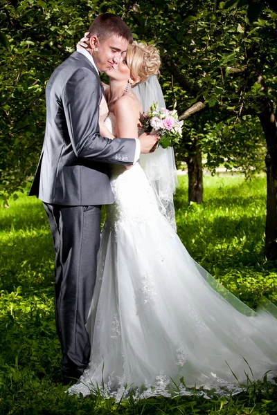 Portret van de bruid en bruidegom knuffelen op steegje in het park — Stockfoto