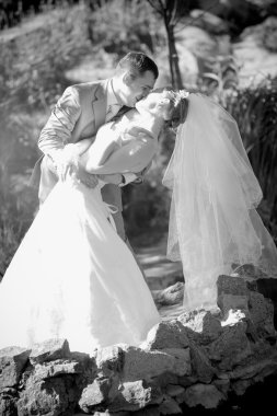 damat gelini eğildim ve onu öperken portresi