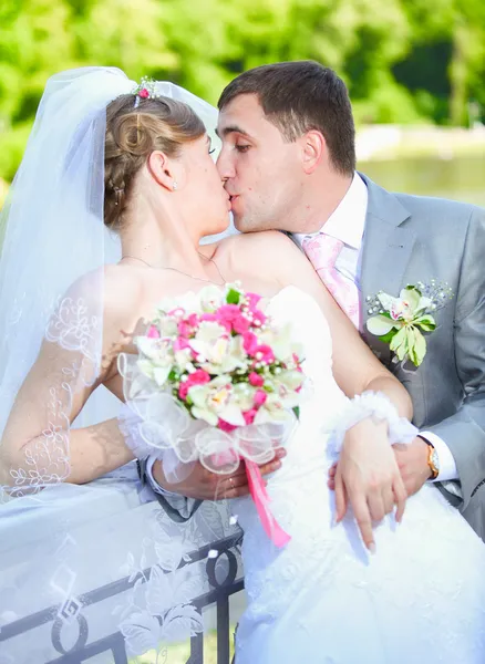 Retrato de una pareja recién casada besándose en el parque en un día soleado — Foto de Stock