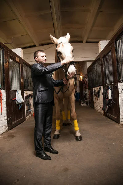Портрет человека в костюме, гладящего коричневую лошадь — стоковое фото