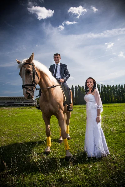 Bride walking near groom riding a horse at park — Stock Photo, Image