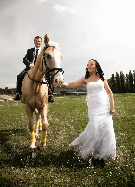 Foto von Braut, die Pferd an Zügel zieht und Bräutigam im Sattel reitet — Stockfoto