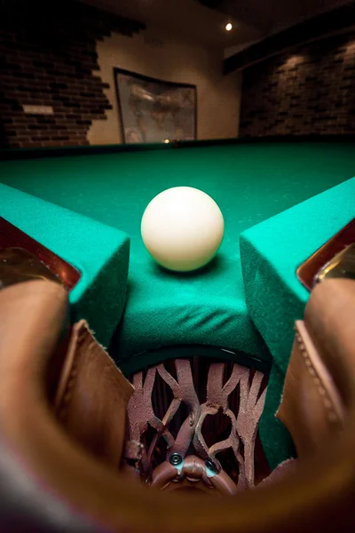 Wide angle shot white ball in billiard pocket — Stock Photo, Image