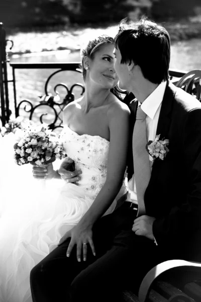 Bride and groom looking at each other on bench near river — Stock Photo, Image