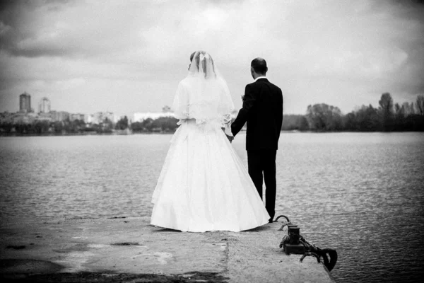 Bride and groom holding hands and looking on river — Stock Photo, Image