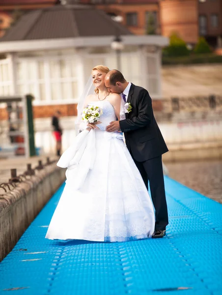 Portret van knappe bruidegom bruid kussen op pier — Stockfoto