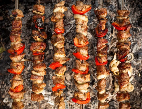 Foto de kebab sendo cozido em fogo — Fotografia de Stock