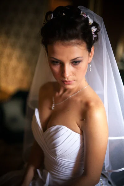 Retrato de noiva morena elegante em casa — Fotografia de Stock