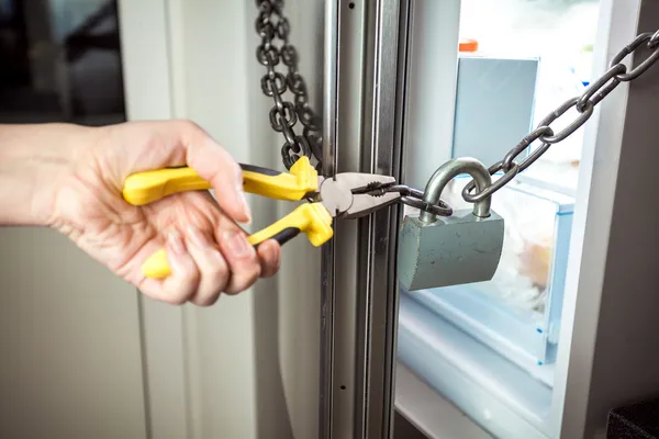 Photo of woman cutting chain on fridge with pliers — Stock Photo, Image