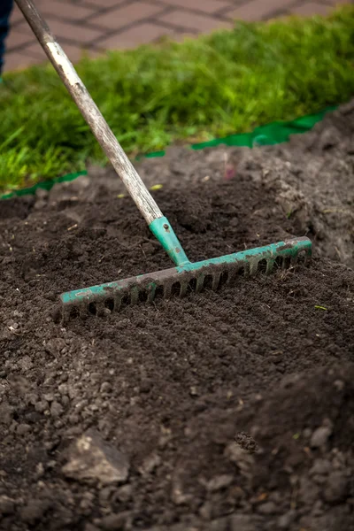 Photo of rake on garden bed — Stock Image Photo of rake on garden bed Stock Image