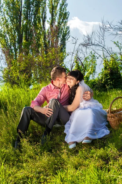 Novomanželé objímání během piknik v parku — Stock fotografie