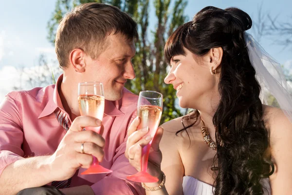 Portrait of newly married couple drinking champagne at field — Stock Photo, Image