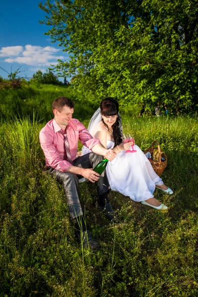 Vőlegény megnyitja champagne-piknik a parkban — Stock Fotó