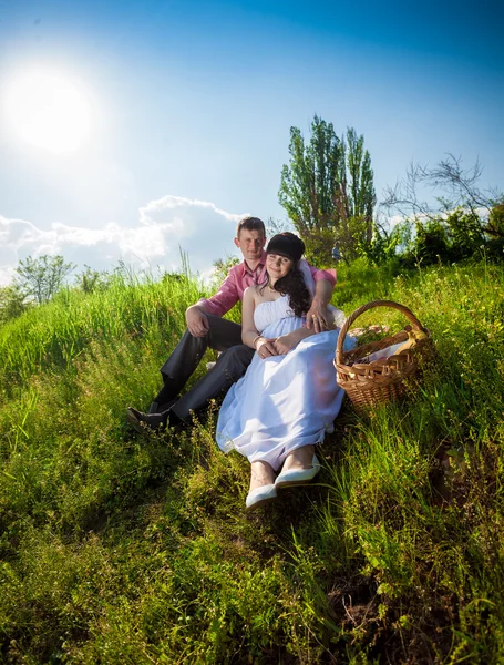 Bara gifta par ha picknick på ängen — Stockfoto