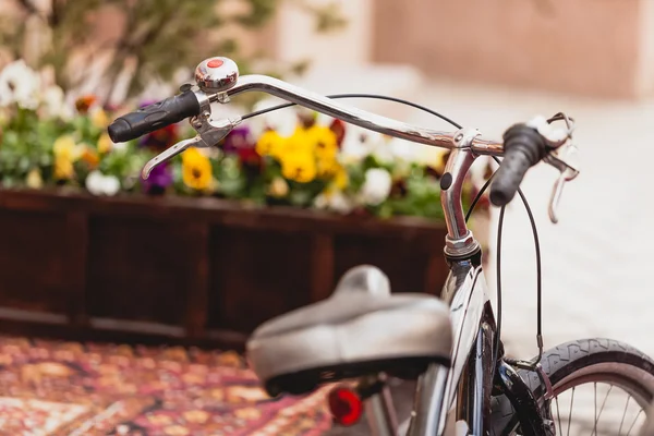 Stonowanych zdjęcie retro rower przed fiołek kwietnik — Zdjęcie stockowe