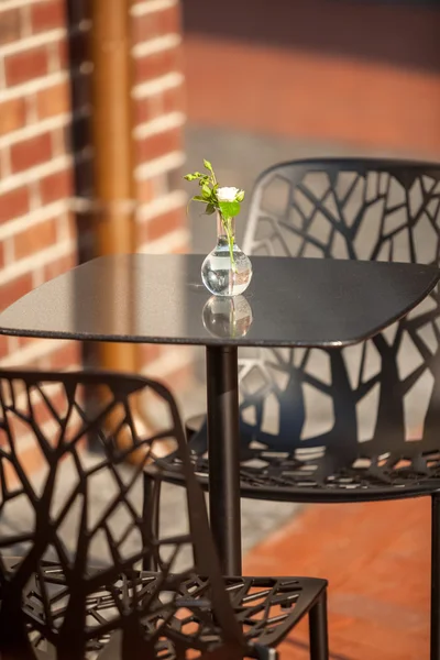 White flower in vase standing on table at outdoor cafe — Stock Photo, Image
