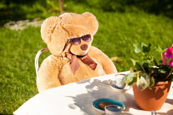 Teddy bear in sunglasses having breakfast outdoor — Stock Photo, Image