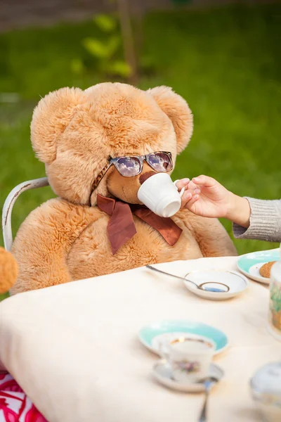 photo of girl giving tea to teddy bear in sunglasses