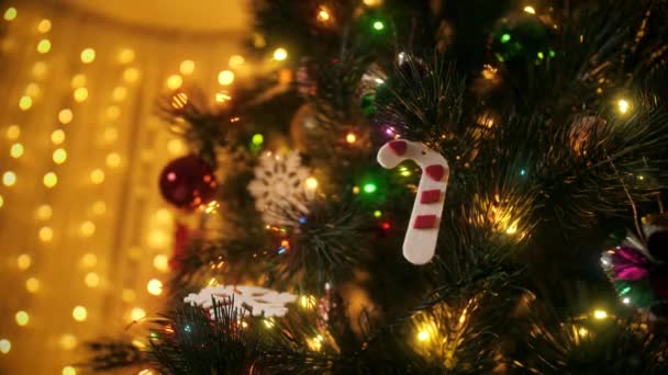 Närbild av traditionella dekorationer, grannlåt och lätta kransar hängande på julgran på natten — Stockvideo