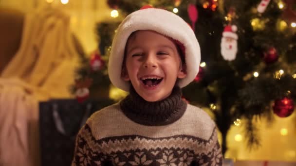 一个快乐的笑着和笑着的小男孩庆祝圣诞节的画像。庆祝寒假的家庭和儿童. — 图库视频影像