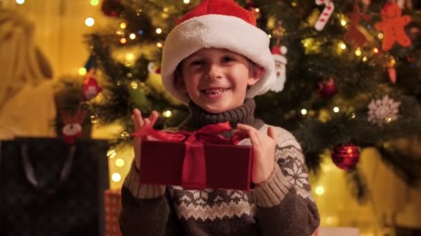 Retrato de niño sonriente en el sombrero de Santa sosteniendo la caja de regalo de Navidad y sonriendo en la cámara. Familias y niños celebrando las vacaciones de invierno. — Vídeo de stock