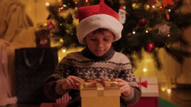 Porträtt av upphetsad och förvånad liten pojke tittar inuti magiska julklapp låda. Familjer och barn som firar vinterlov. — Stockvideo