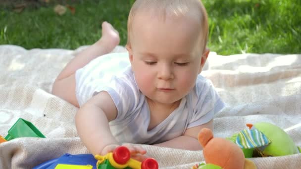 Portret uśmiechniętego dziecka bawiącego się zabawkami na trawie w parku. Koncepcja wczesnego rozwoju dziecka, edukacji i relaksu na świeżym powietrzu. — Wideo stockowe