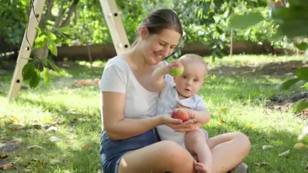 Giovane madre che abbraccia e sorride al suo bambino che tiene le mele rosse mature nel giardino del cortile della casa. Concetto di sviluppo infantile, genitorialità e sana coltivazione di alimenti biologici. — Video Stock