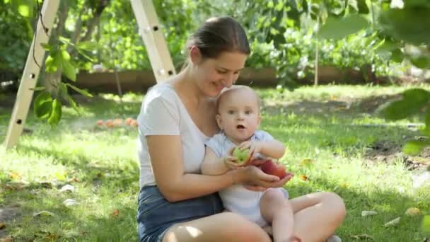 Piccolo bambino felice con madre giovane che raccoglie mele mature a giardino. Concetto di sviluppo infantile, genitorialità e sana coltivazione di alimenti biologici. — Video Stock