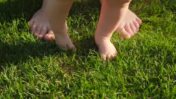 Primer plano del bebé descalzo de pie sobre hierba verde fresca con la madre. Concepto de estilo de vida saludable, desarrollo infantil y crianza. — Vídeos de Stock